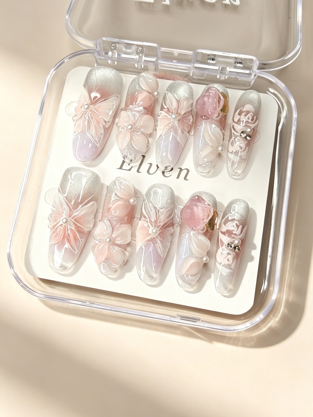 Silver Cat Eye Pink Butterfly With Pearl Floral Long Round Press On Nails